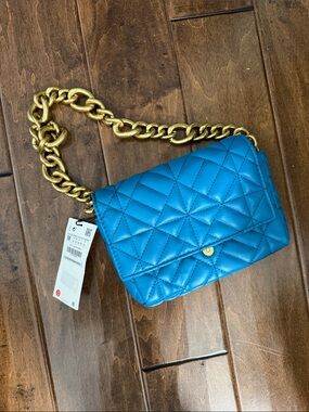 Zara Blue Quilted Crossbody Bag with Gold Chain